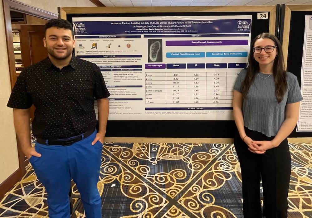 Mullar Zakher & Rachel Sebastian standing in front of their research presentation: “Anatomic Factors Leading to Early and Late Dental Implant Failure in the Posterior Mandible: A Retrospective Cohort Study at a US Dental School, Touro College of Dental Medicine, Hawthorne, NY.”
