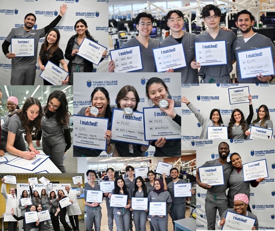 Collage of students from the dental school holding signs where they matched.