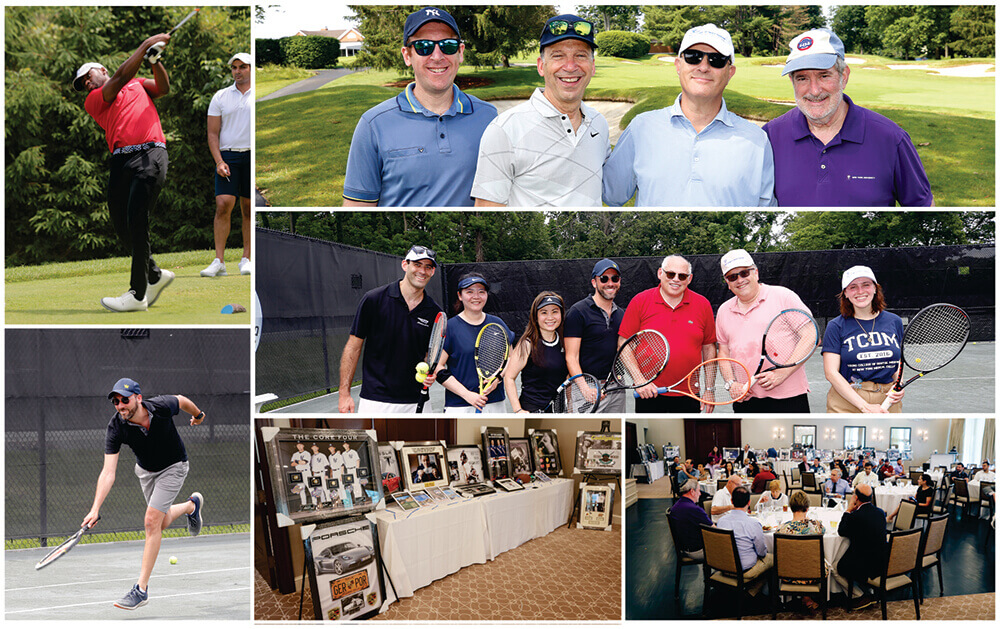 Clockwise L-R Man swinging a golf club on course; 4 men standing on golf course green; group of people on tennis court holding tennis rackets; group of people at tables at a dinner; sports memorabilia display; man playing tennis