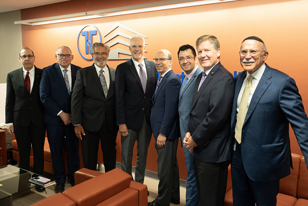 (L-R) Dr Duraid Sahawneh, president-elect 9th District Dental Assoc; Dr Edward Farkas, TCDM vice dean; Dr Anthony Cuomo, NYS Dental Assoc president; Dr George Shepley, ADA president; Dr Ronnie Myers, TCDM dean, Dr David Manzanares, ADA 2nd VP; Dr Brendan Dowd, 2nd District ADA trustee; Dr David Katz, TCDM asst dean clinical affairs