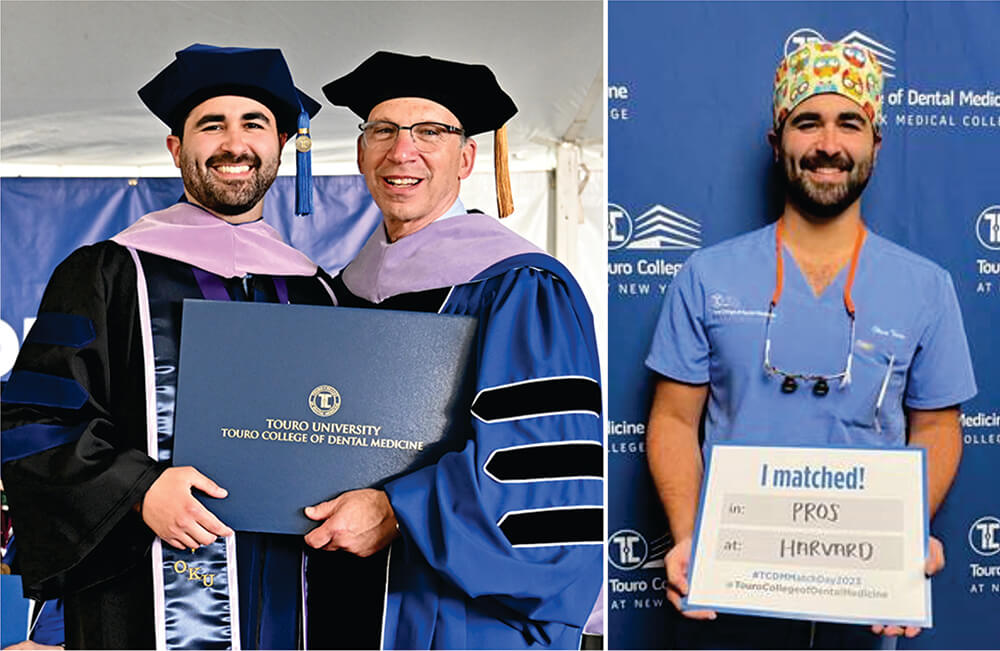 Oliver Viera with Dean Ronnie Myers at graduation and on Match Day holding sign matched to Harvard