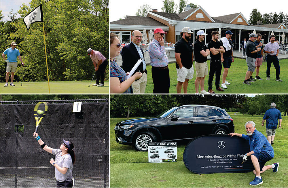 (Clockwise l-r) 2 men playing golf; men standing in front of clubhouse; hole in one winner of Mercedes Benz next to car; woman playing tennis