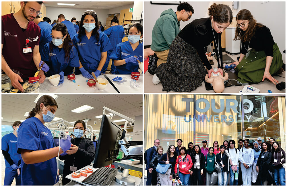 (Counter-clockwise L-R) Undergrad students (in blue scrubs) work with molds at table with dental student; work with dentures at computer; undergrad participants in the pharmacy school\'s Summer Academy pose in front of Touro University building; 2 female students and 1 male practice CPR